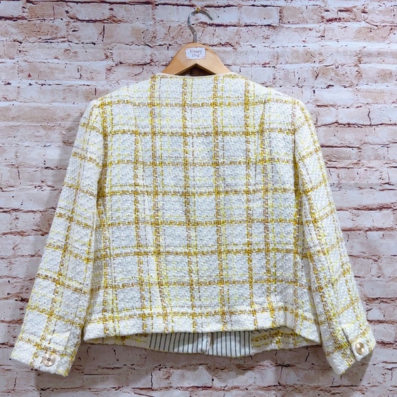 Cabi Coco Style #6256 Yellow Cream White Tweed Plaid Crop Blazer Jacket Size S - Picture 8 of 14